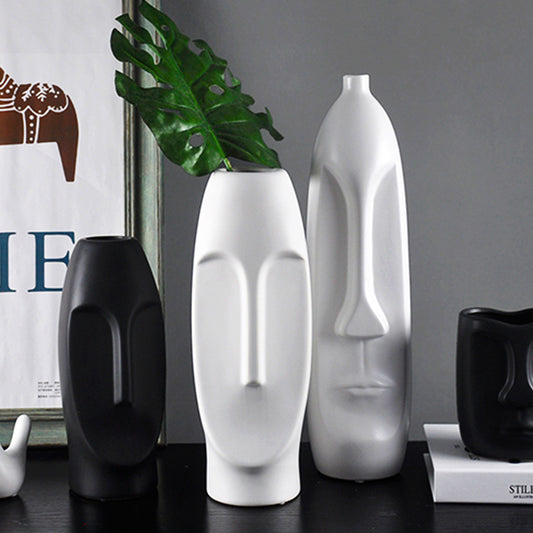 Nordic Minimalist Ceramic Abstract Vase Black and White Human Face Creative Display Room Decorative Figue Crafts Head Shape Vase