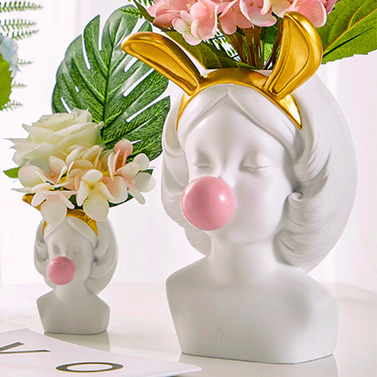 Nordic resin vase white flowerpot cute girl blowing bubble sculpture Modern creative home decoration avatar vase Desktop decor